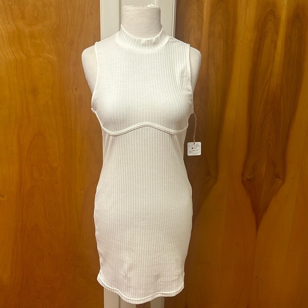 Poof Apparel white mock neck ribbed knit dress size Large